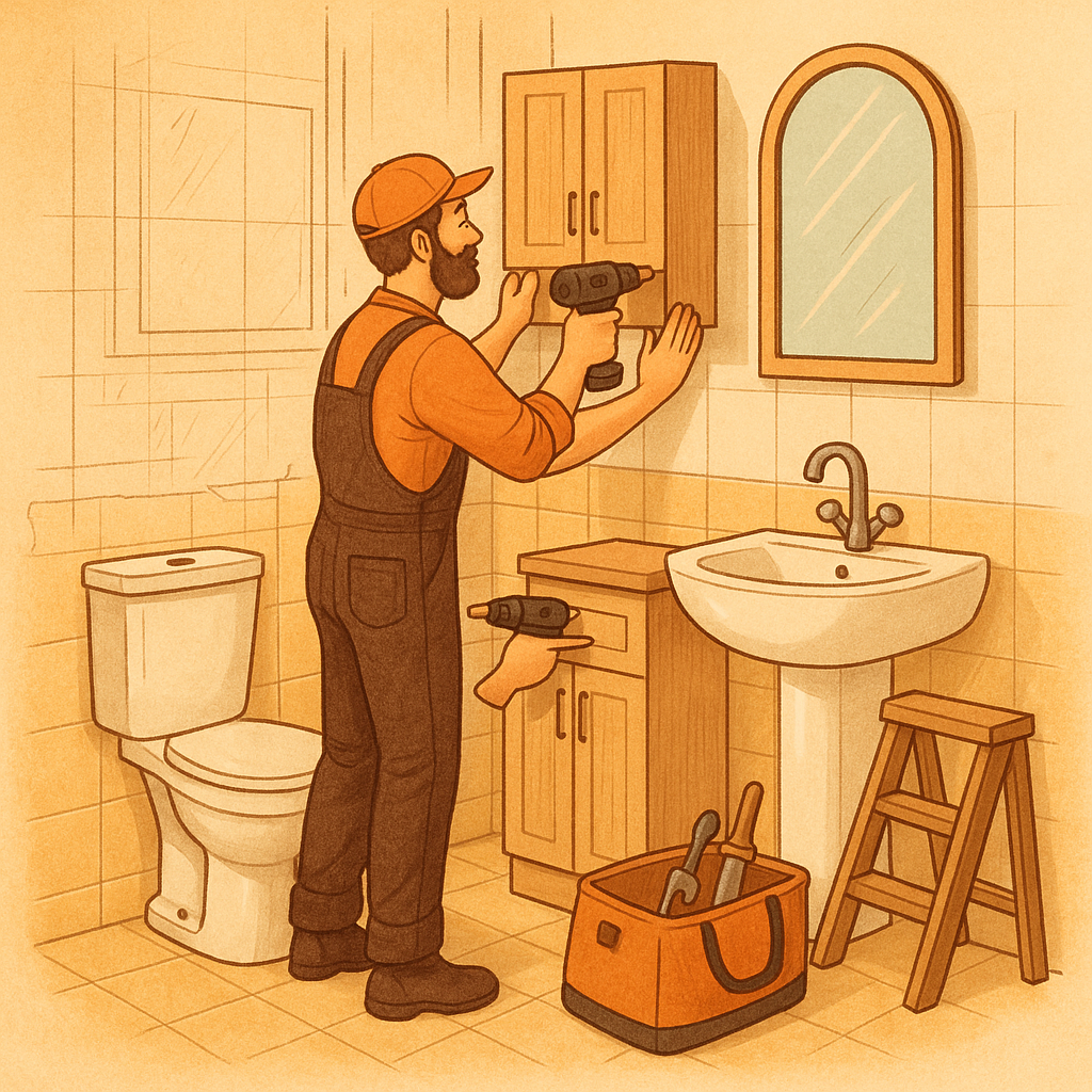 Installer mounting a tall storage cabinet beside a bathroom sink during a modern bathroom renovation