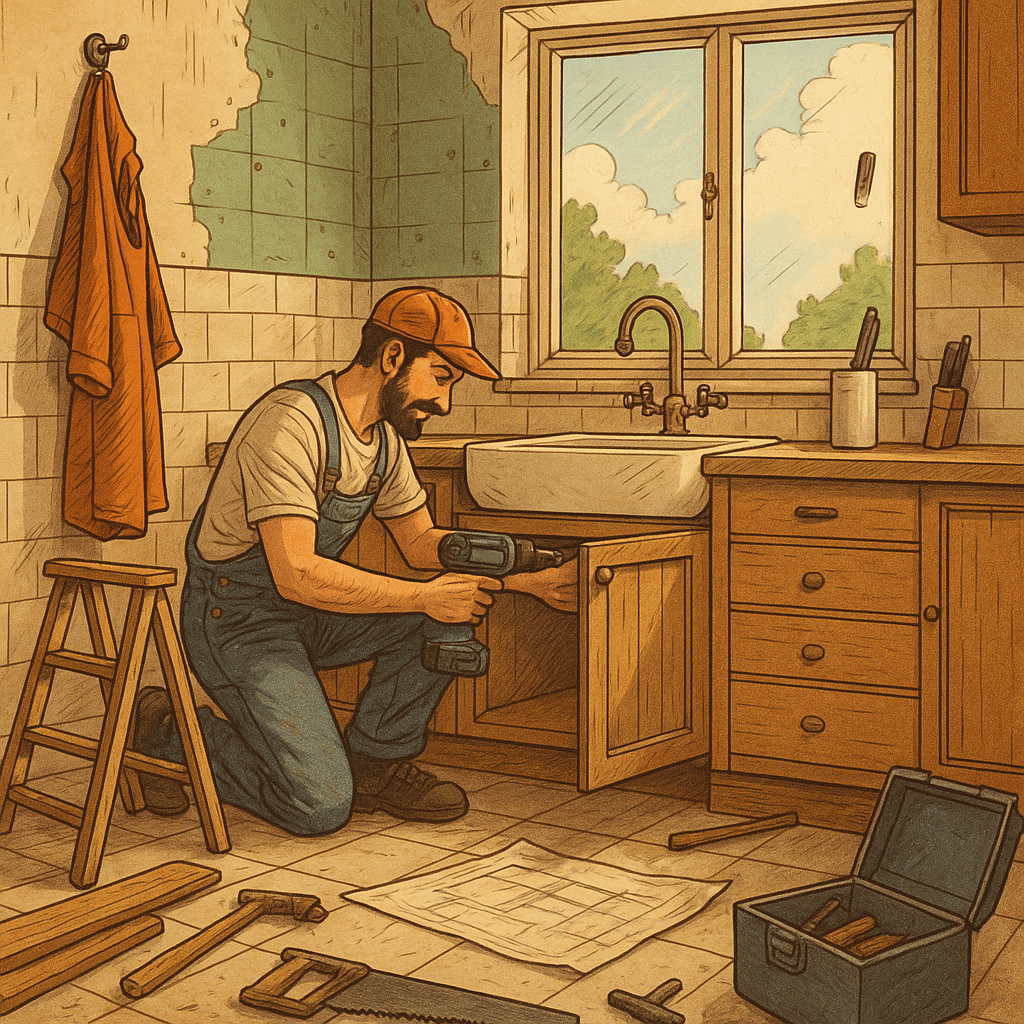 Vintage-style sketch of a bathroom remodel with a craftsman installing cabinetry and tools spread across the floor